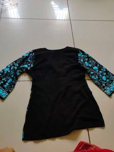 Black Kurta with Blue Floral Embroidery