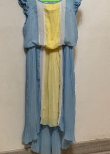 Light Blue & Yellow Pleated Midi Dress