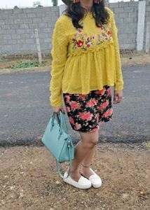 Embroidered Yellow Swiss Dot Peplum Blouse
