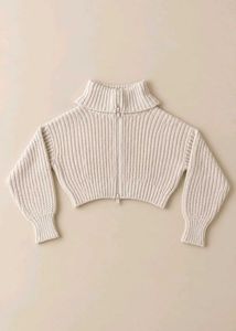 CREAM CROPPED ZIP-UP KNIT SWEATER