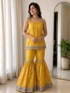 Golden yellow designer embroidery sharara