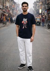 Black T Shirt with Boxing Cat Print