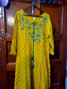 Vibrant Yellow Embroidered Long Kurti