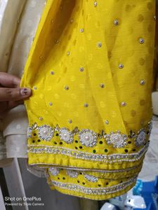 Pretty Yellow Cream Contrast Saree With Stone