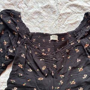 Black Floral Print Square Neck Top