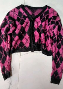 Argyle Cropped Cardigan,black pink sweater