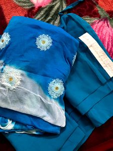 Blue Silk Patiyala Pant And Blue And White Embroidered Dhuppata