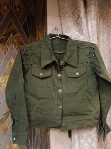 Olive Green Studded Denim Jacket