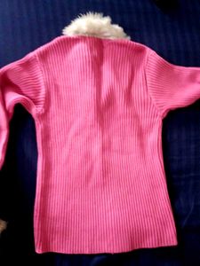 Pink Ribbed Zip-Up Sweater with Fur Trim