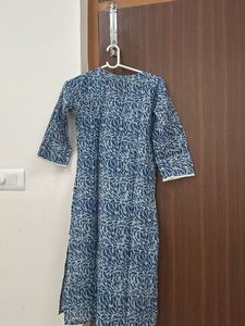 Blue Printed Kurta with Embellished Neckline