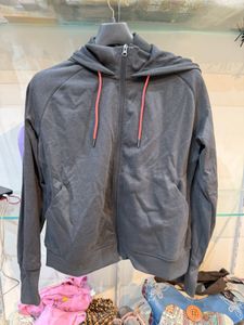 Grey Zip-Up Hoodie with Coral Drawstrings
