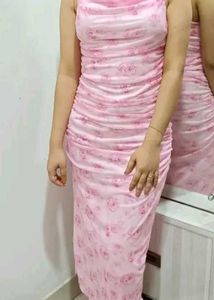 Pink Floral Ruched Midi Dress