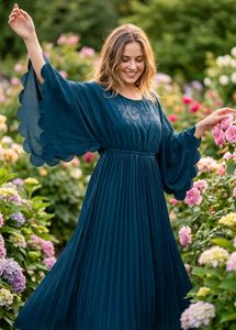 Navy Blue pleated butterfly sleeve dress for women