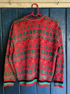 Vintage Red Patterned V-Neck Sweater