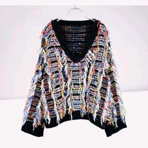Colorful Fringe V-Neck Sweater