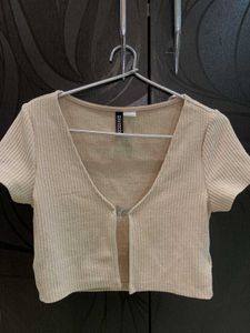 H&amp;M Women Beige Butterfly-detail Ribbed Top