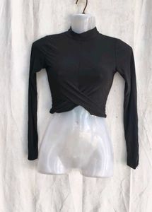 Black Long Sleeve Wrap Crop Top