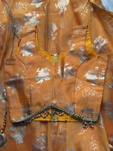 Orange Silk Lehanga Skirt with Floral Print