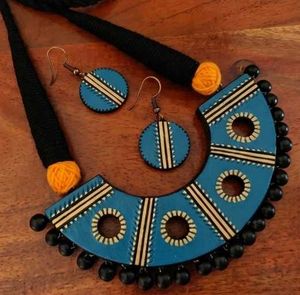 Boho Blue Terracotta Necklace & Earrings Set