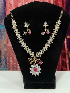 Stunning CZ Flower Necklace &amp; Earrings Set