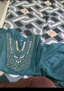 Teal Kurta Set with Embellished Neckline