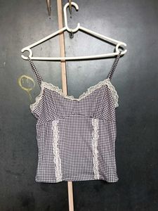Gingham Camisole Top with Lace Trim