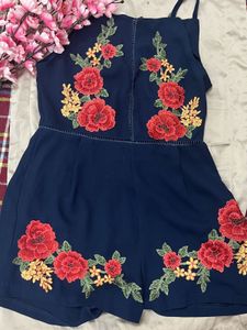 Elegant Navy Floral Embroidered Romper