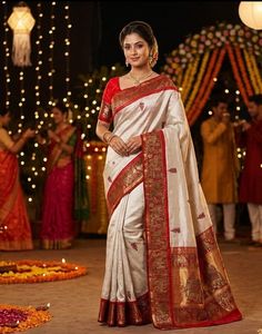 Elegant Cream & Red Silk Saree