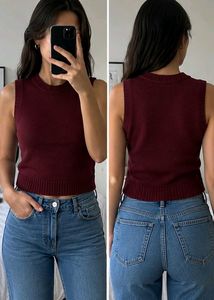 Maroon Knitted Sleeveless Sweater Vest