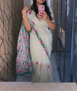 Elegant Cream Saree with Floral Embroidery