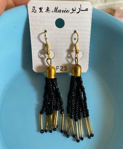 New Black Beaded Tassel Earrings with Golden Caps