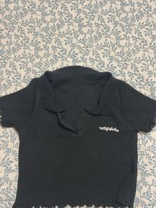 Cute Black Ribbed Polo Top