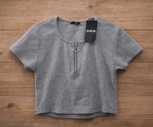 Grey Cropped Zip-Up T-Shirt