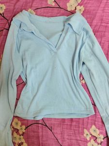Baby Blue Long Sleeve Collared Top