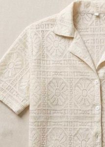 Cream Textured Short Sleeve Button-Up Top