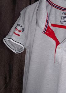 Gray Polo Shirt with Red & Blue Trim
