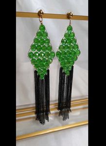 Green Beaded Drop Earrings with Black Chains