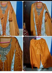 Orange Kurta Set with Embellished Neckline