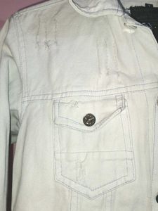 Cream Distressed Denim Jacket