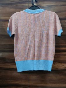 Chic Knit Top - Pink with Blue Trim