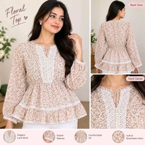 Floral Print Peplum Top with Lace Trim