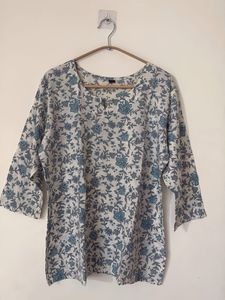 Blue Floral Print Cotton Kurta
