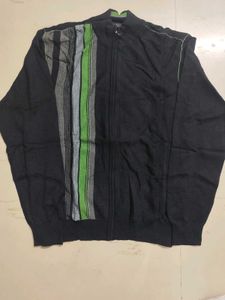 Men's Black Zip-Up Jacket with Green Stripes