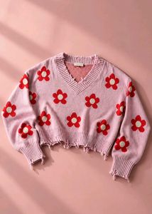PINK RED FLOWER DISTRESSED V-NECK KNIT SWEATER