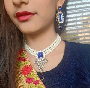 Elegant Pearl & Blue Stone Necklace Set