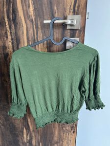 Green Smocked Cropped Top