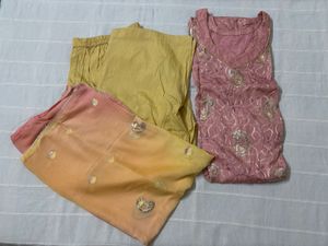Pink Embroidered Kurta Set with Yellow Palazzo