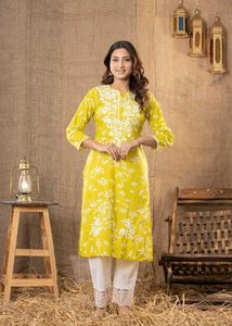 Yellow Kurta with White Embroidery