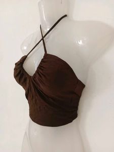 Chic Brown Ruched Halter Top