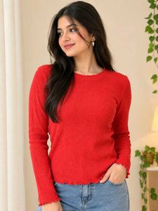 Chic Red Ribbed Long Sleeve Top
